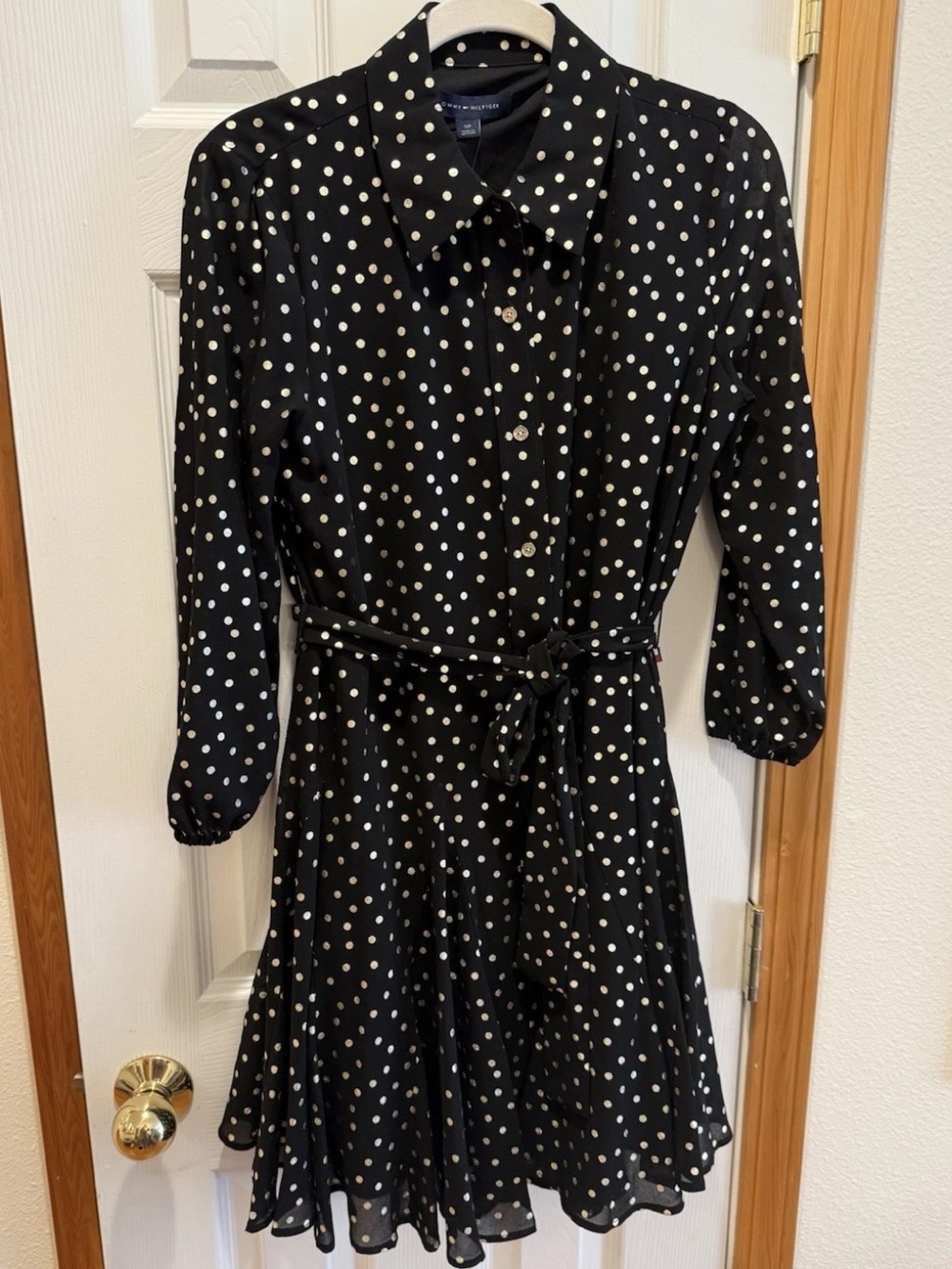 Tommy Hilfiger SHINE Mini Dress Black SM Gold Foil Polka Dots Fit Flare NWT $120